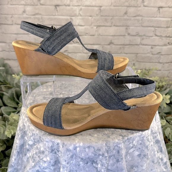 Dr. Scholl’s “Byron” Blue Denim Open Toe H-Band Wedge Sandals WMS 7.5M💙EUC - Picture 5 of 10